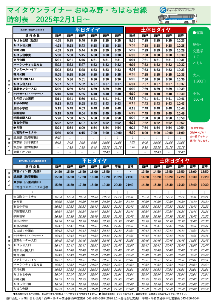平和交通バス,マイタウンライナーちはら線時刻表